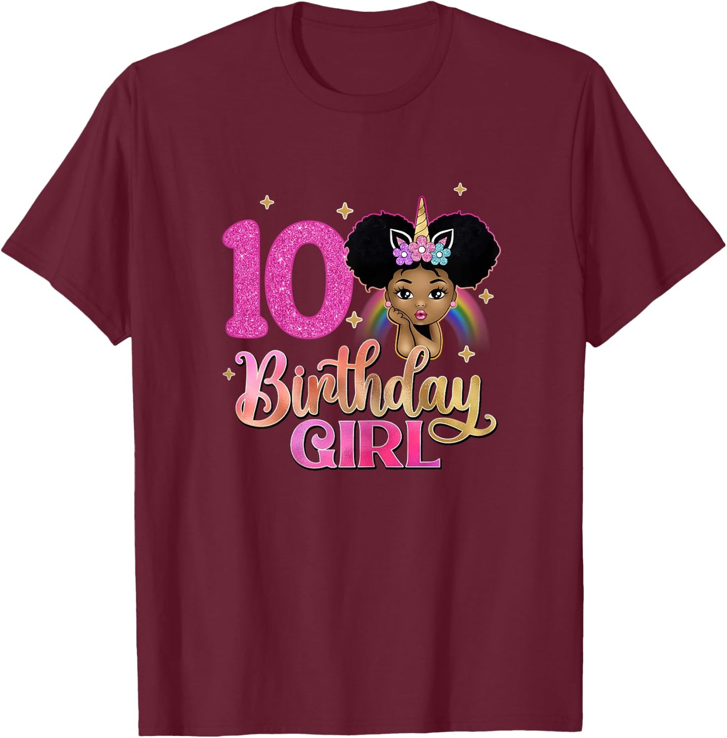 10th Birthday Girl Afro Melanin Unicorn Princess 10 Yrs Old T-Shirt - T-Shirt | Maroon