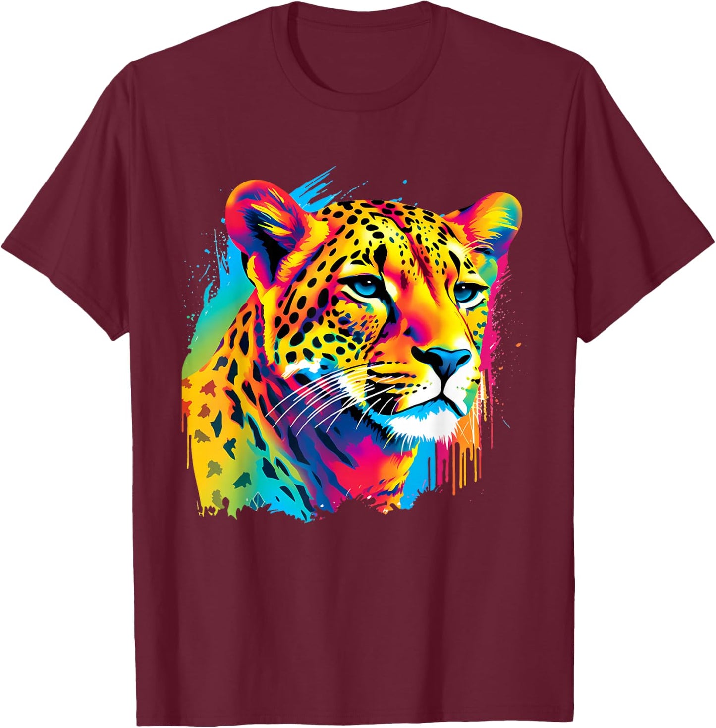 Colorful Cheetah Face Animal Print Big Cat Wildlife Artwork T-Shirt - T-Shirt | Maroon