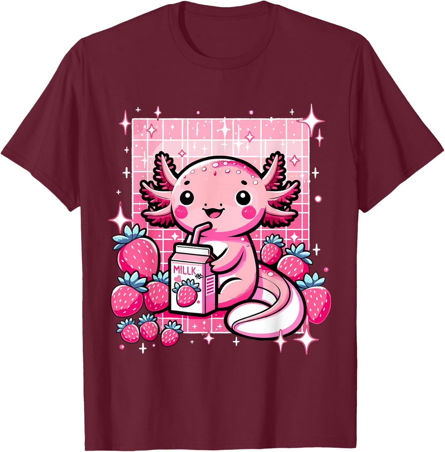 Axolotl Kawaii Strawberry Milk Shake Anime Axolotl T-Shirt - T-Shirt | Maroon