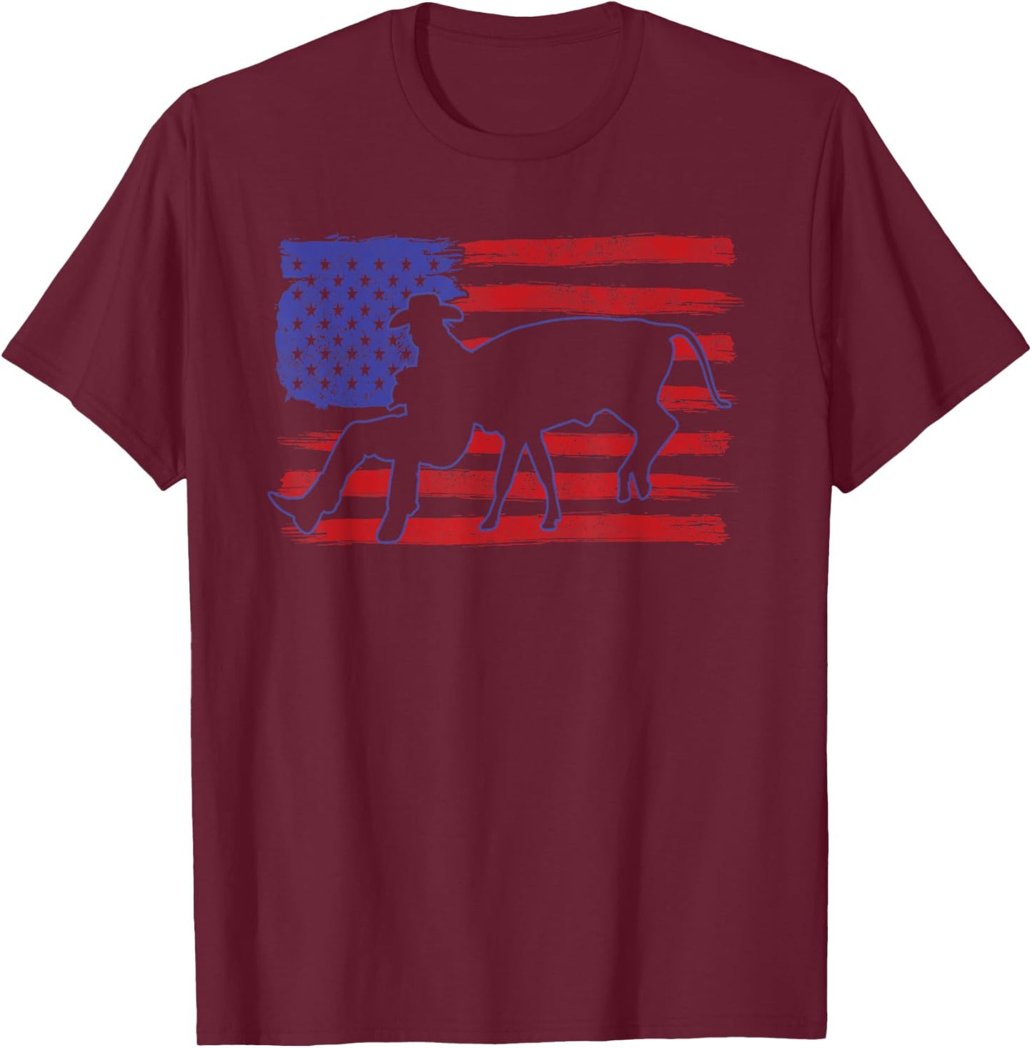 Chute Dogging Steer Wrestling Rodeo Cowboy Event USA Flag T-Shirt - T-Shirt | Maroon