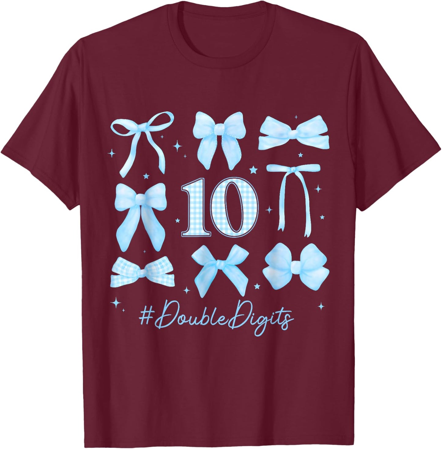 10th Blue Floral Coquette Bow Double Digits Birthday Girl T-Shirt - T-Shirt | Maroon