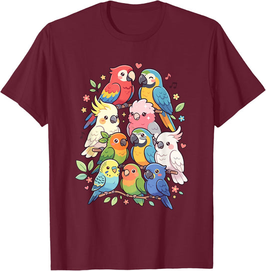 Kawaii Parrot Flock Cute Bird Aesthetic Budgie Cockatiel T-Shirt - T-Shirt | Maroon
