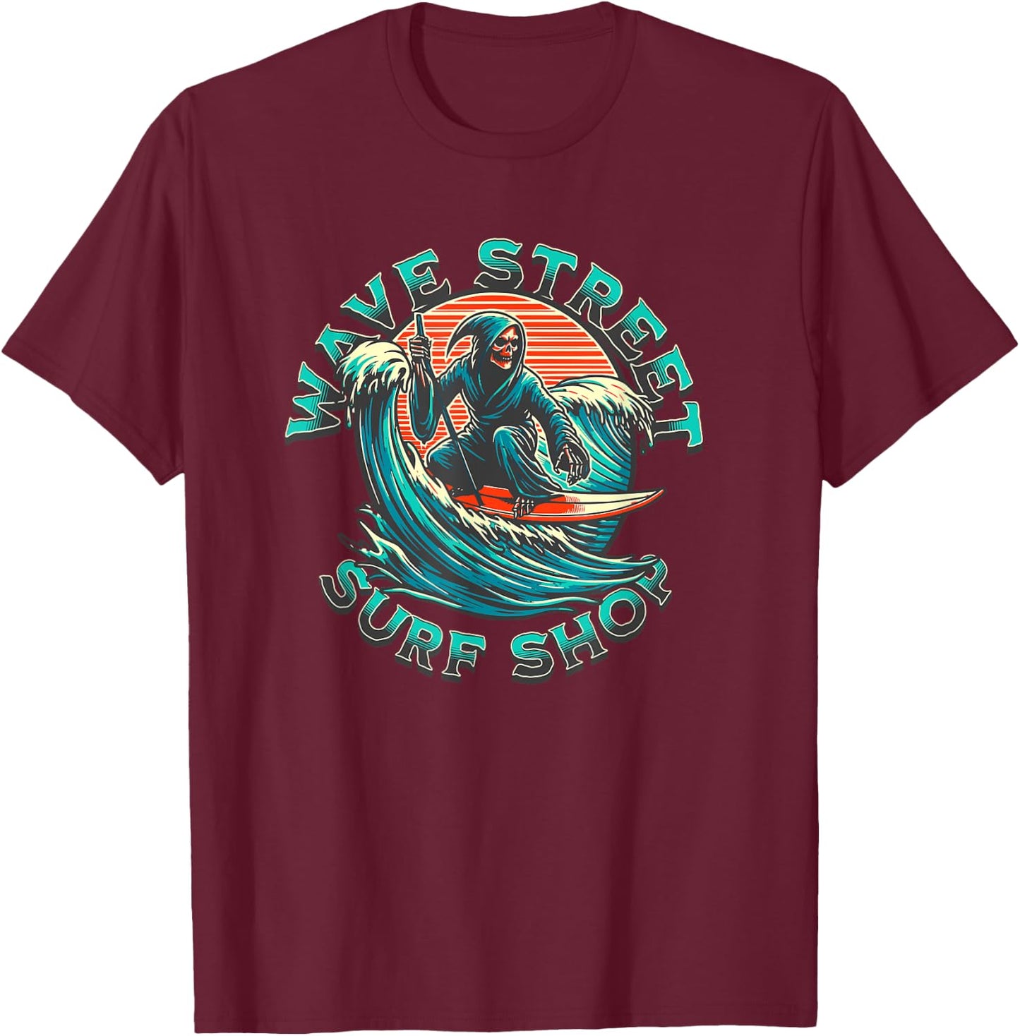 Wave Street Retro Vacation Beach Surfing Skul Graphic T-Shirt - T-Shirt | Maroon