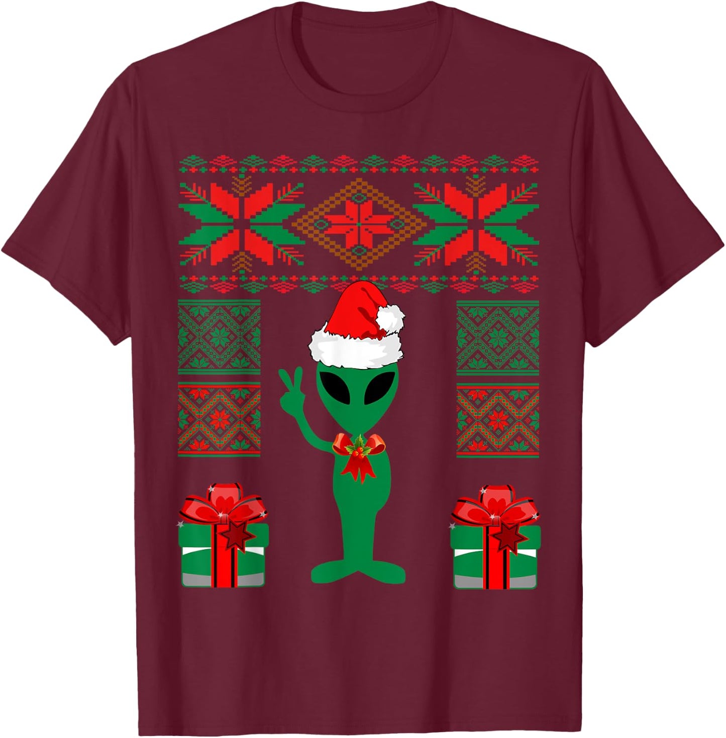 Alien Christmas Space UFO Present Peace Sign Santa Hat T-Shirt - T-Shirt | Maroon