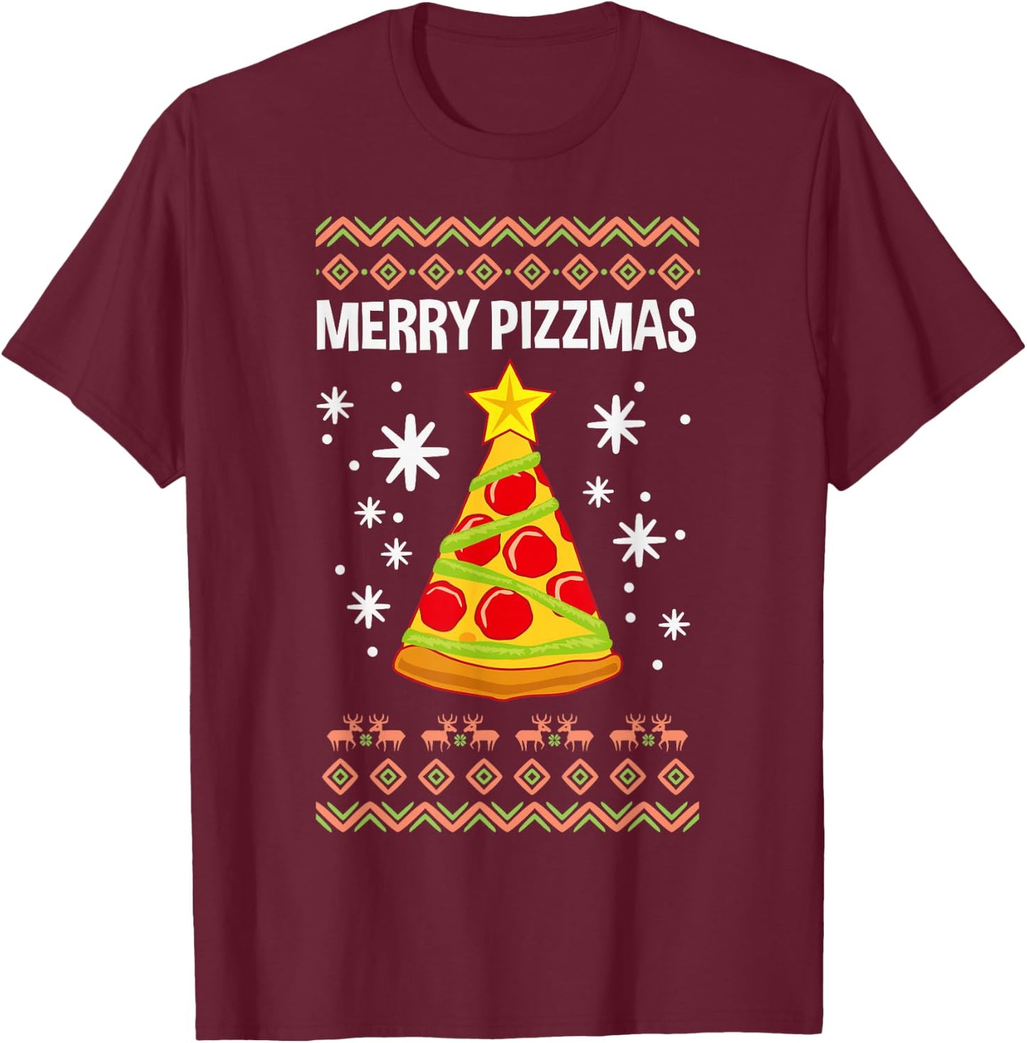 Funny Christmas Pizza Merry Pizzmas Ugly Xmas T-Shirt - T-Shirt | Maroon