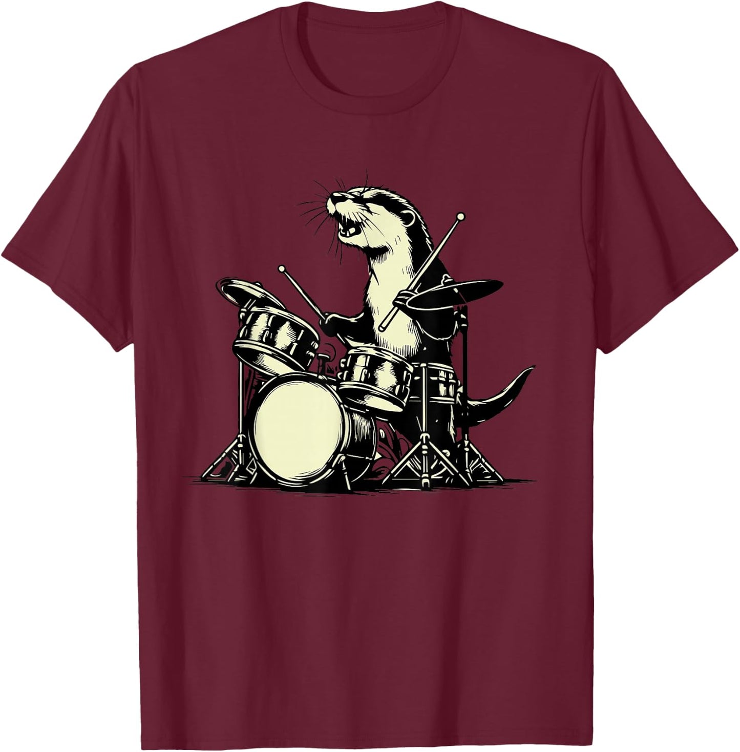 Otter Drummer Rock Retro Drummer Sea Otter Playing Drums T-Shirt - T-Shirt | Maroon