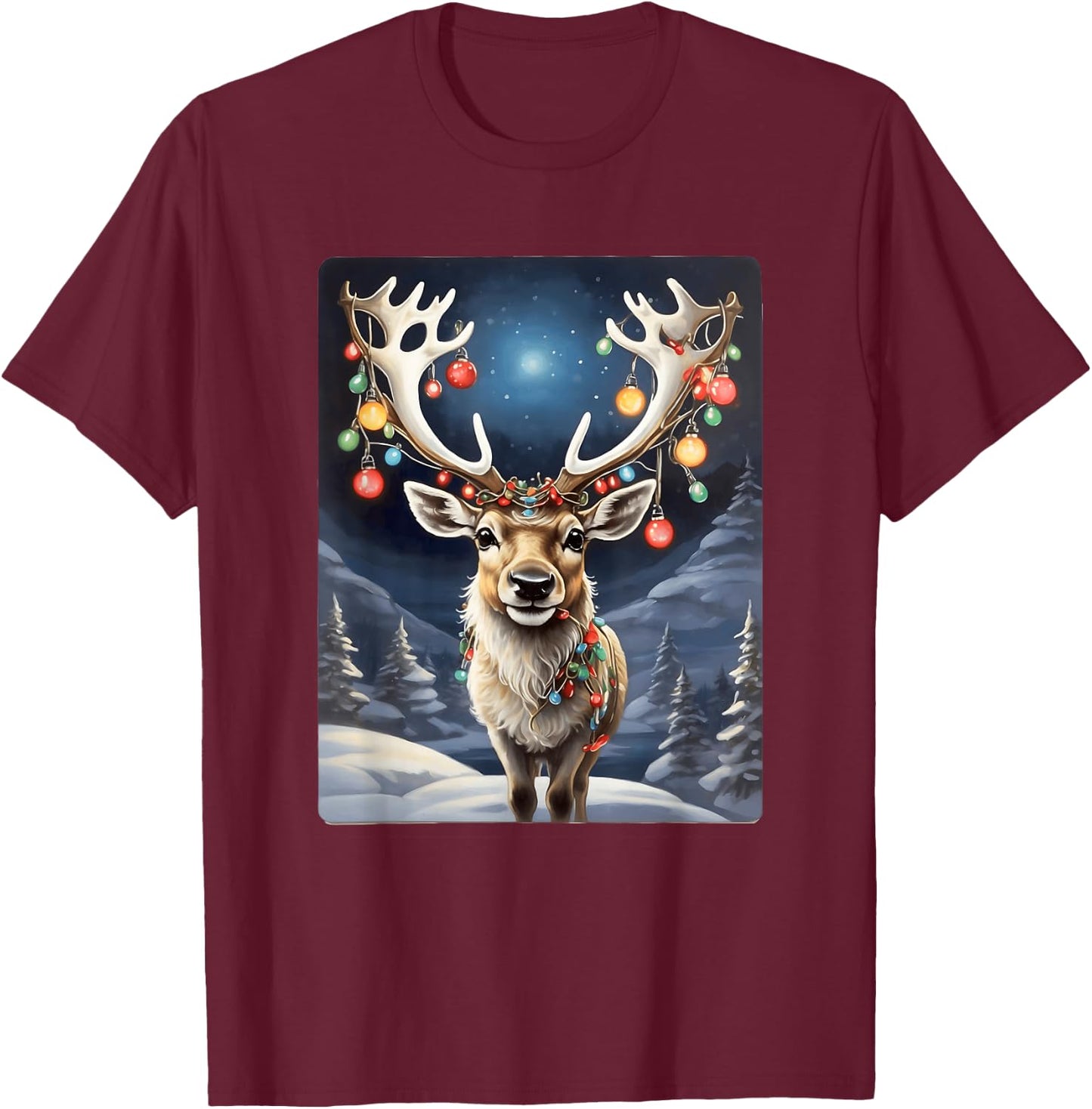 Enchanted Reindeer: Antlers Aglow in Winter Christmas Magic T-Shirt - T-Shirt | Maroon