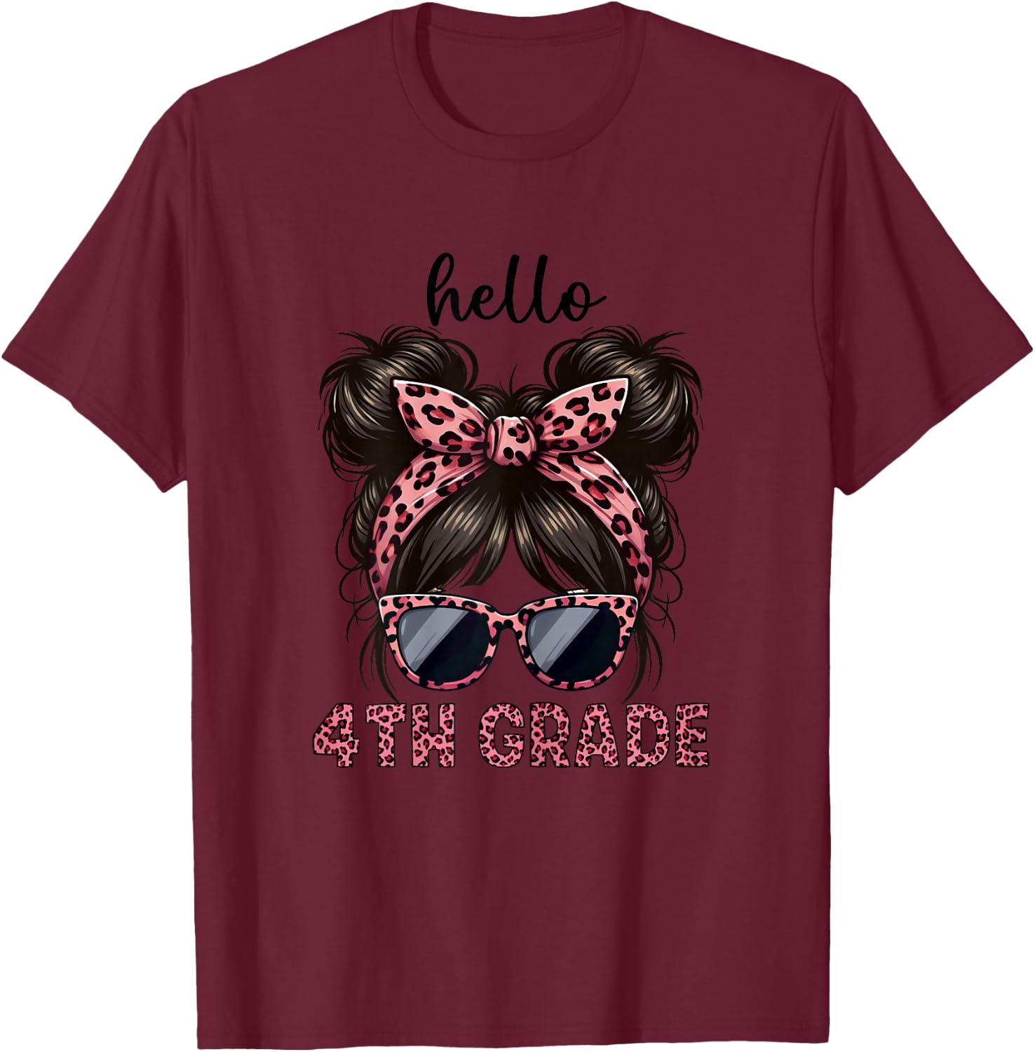 Hello 4th Grade Messy Hair Bun Girl Leopard Back To School T-Shirt - T-Shirt | Maroon