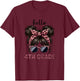 Hello 4th Grade Messy Hair Bun Girl Leopard Back To School T-Shirt - T-Shirt | Maroon