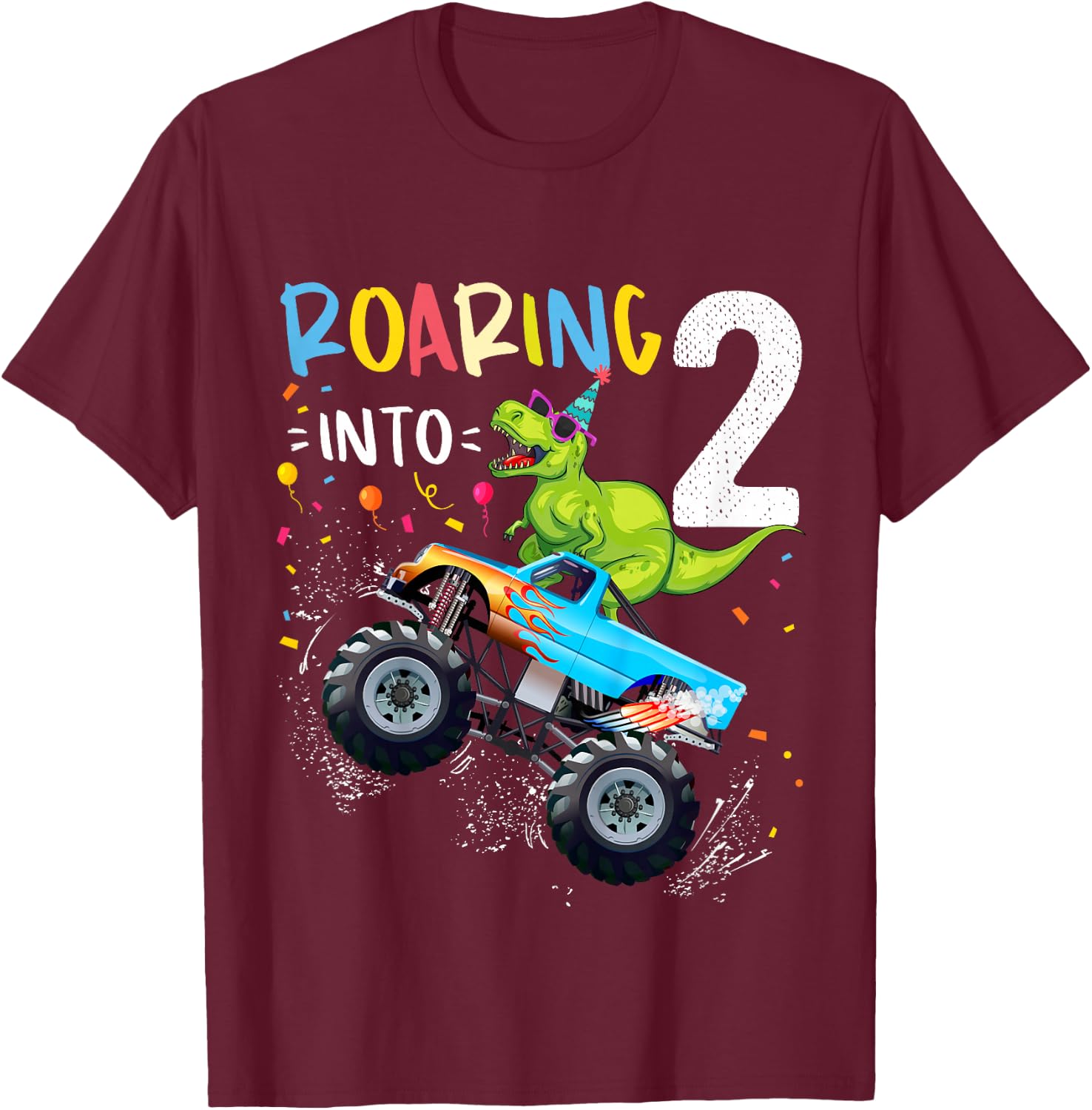 2nd Birthday T Rex Dinosaur Monster Truck Boys and Girls T-Shirt - T-Shirt | Maroon