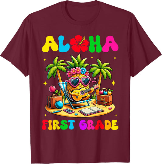 Aloha First Grade Pineapple Hawaii Back to School Kids Girl T-Shirt - T-Shirt | Maroon