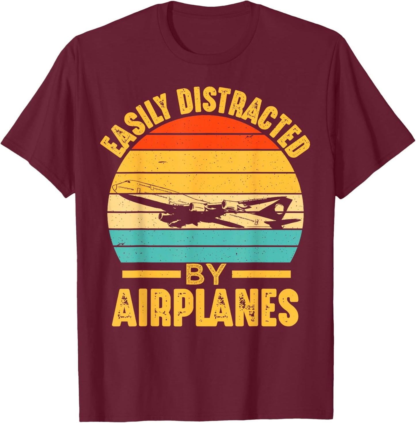 Easily Distracted By Airplanes Pilot Funny Aviation Men Boys T-Shirt - T-Shirt | Maroon