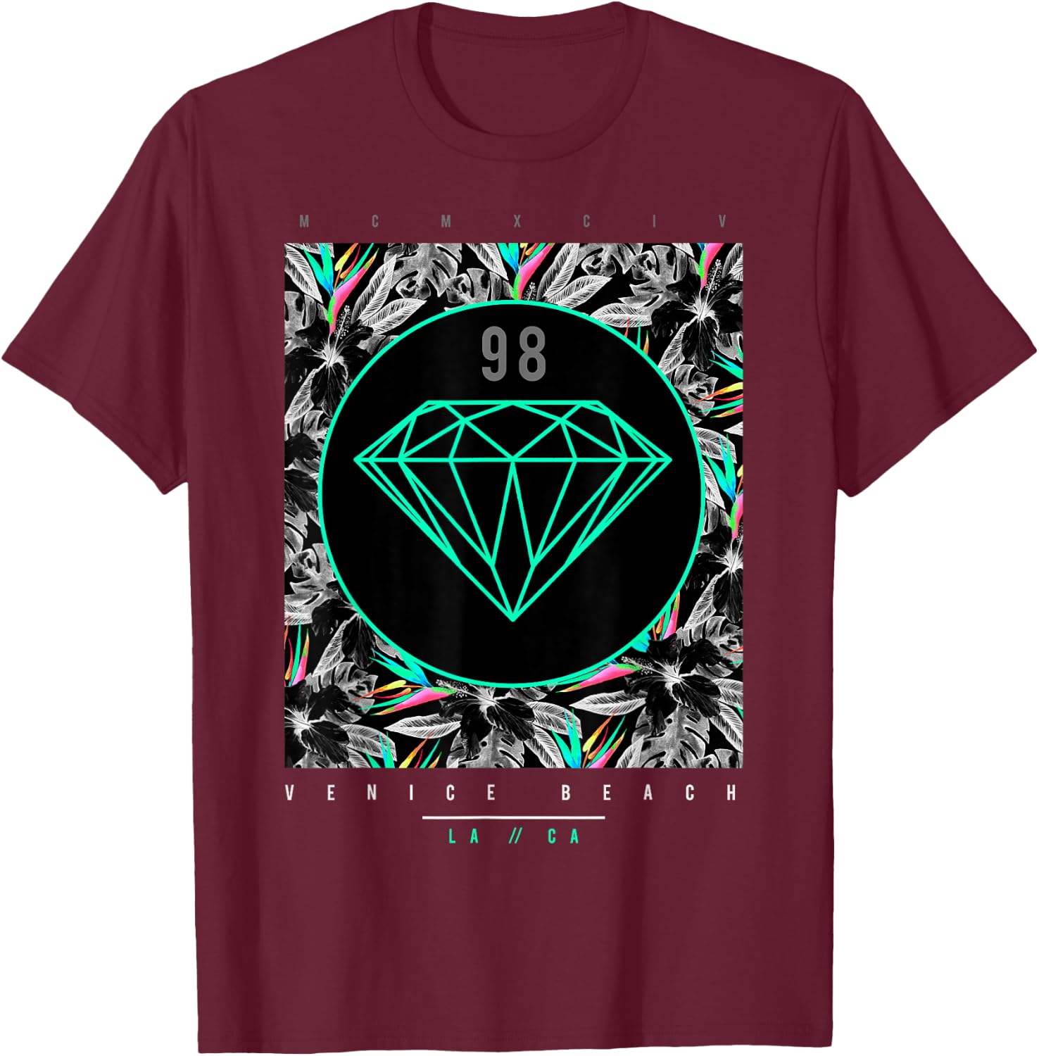 Venice Beach Diamond Color Floral Print T-Shirt - T-Shirt | Maroon