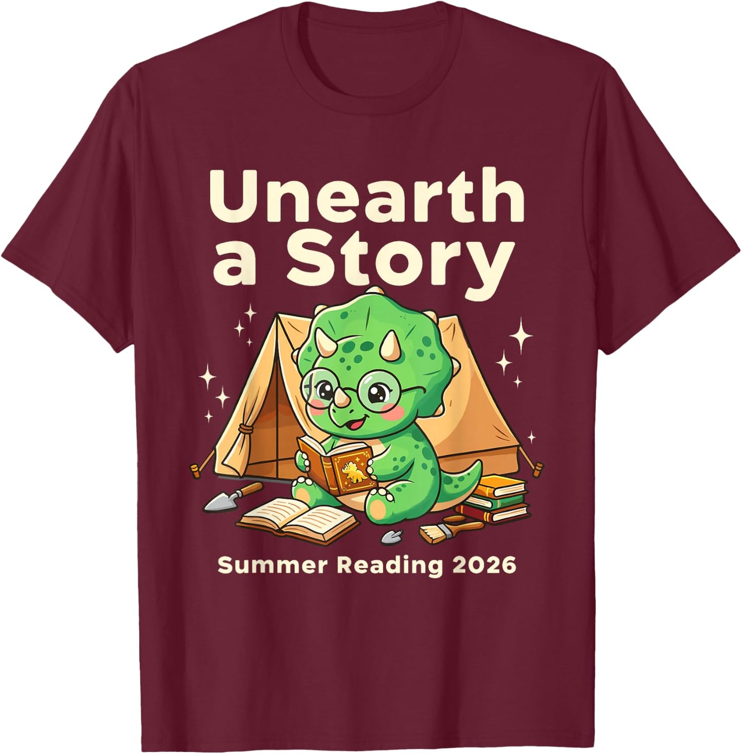 Unearth A Story Summer Reading 2026 Dinosaur Book Floral T-Shirt - T-Shirt | Maroon