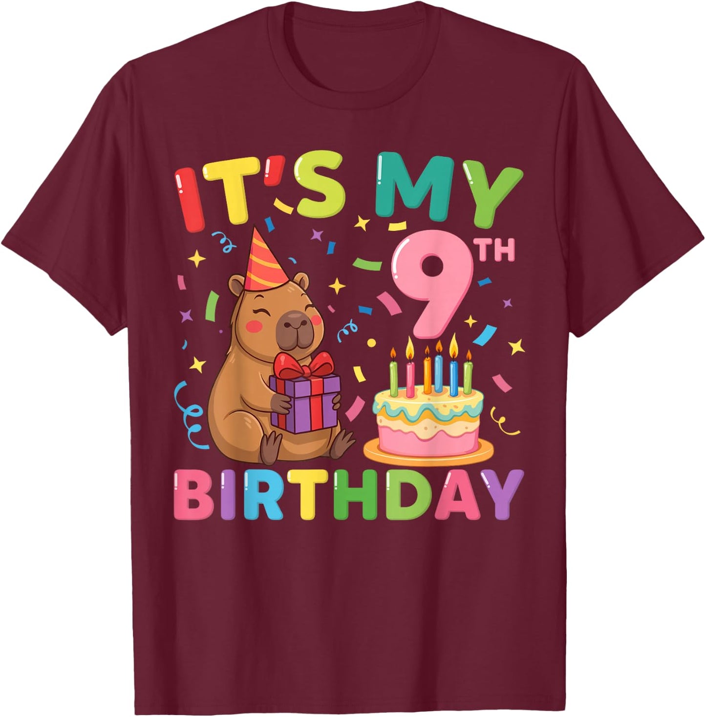 Es ist Mein 9. Geburtstag Capybara, 9 Jahre, Junge, Mädchen, Cappy Bday T-Shirt - T-Shirt | Maroon