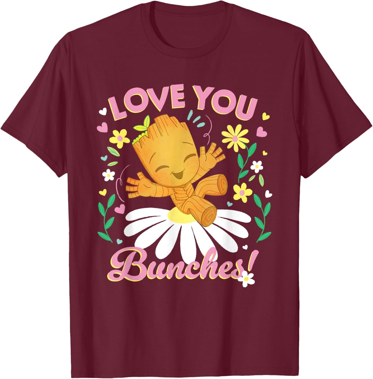 Marvel Valentine's Day Spring Flower Groot Love You Bunches , Black, S T-Shirt - T-Shirt | Maroon