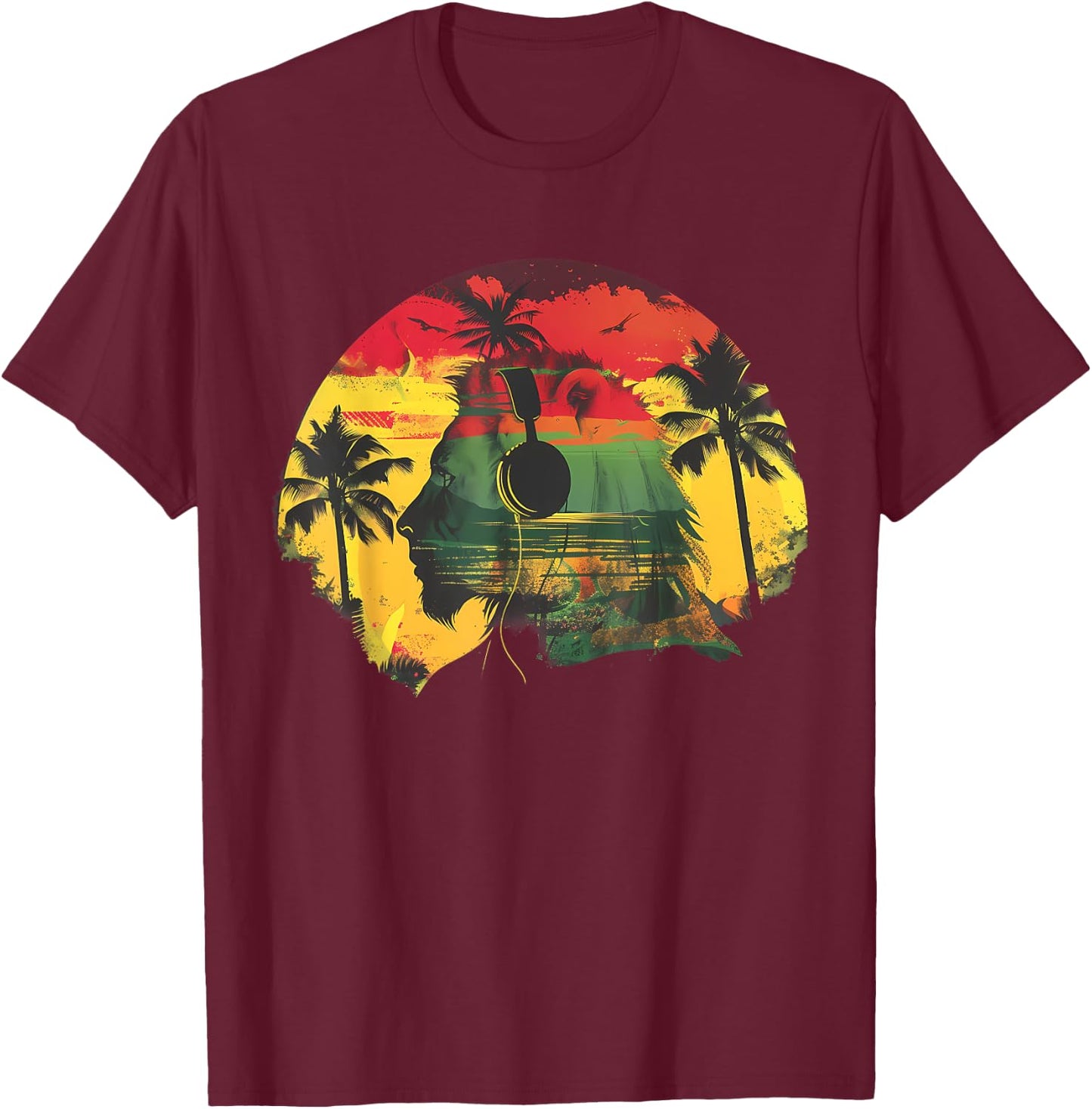 Rasta Reggae Music Headphones Jamaican Lion Of Judah T-Shirt - T-Shirt | Maroon