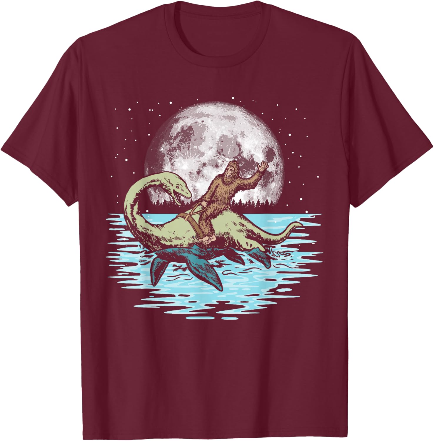 Funny Bigfoot Riding Nessie Loch Ness Monster & Full Moon T-Shirt - T-Shirt | Maroon
