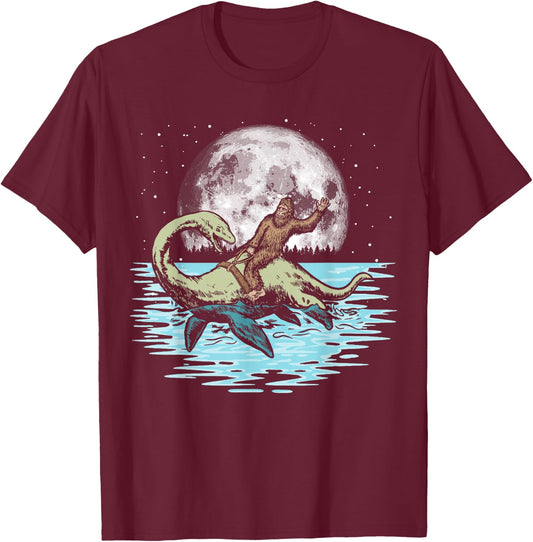 Funny Bigfoot Riding Nessie Loch Ness Monster & Full Moon T-Shirt - T-Shirt | Maroon