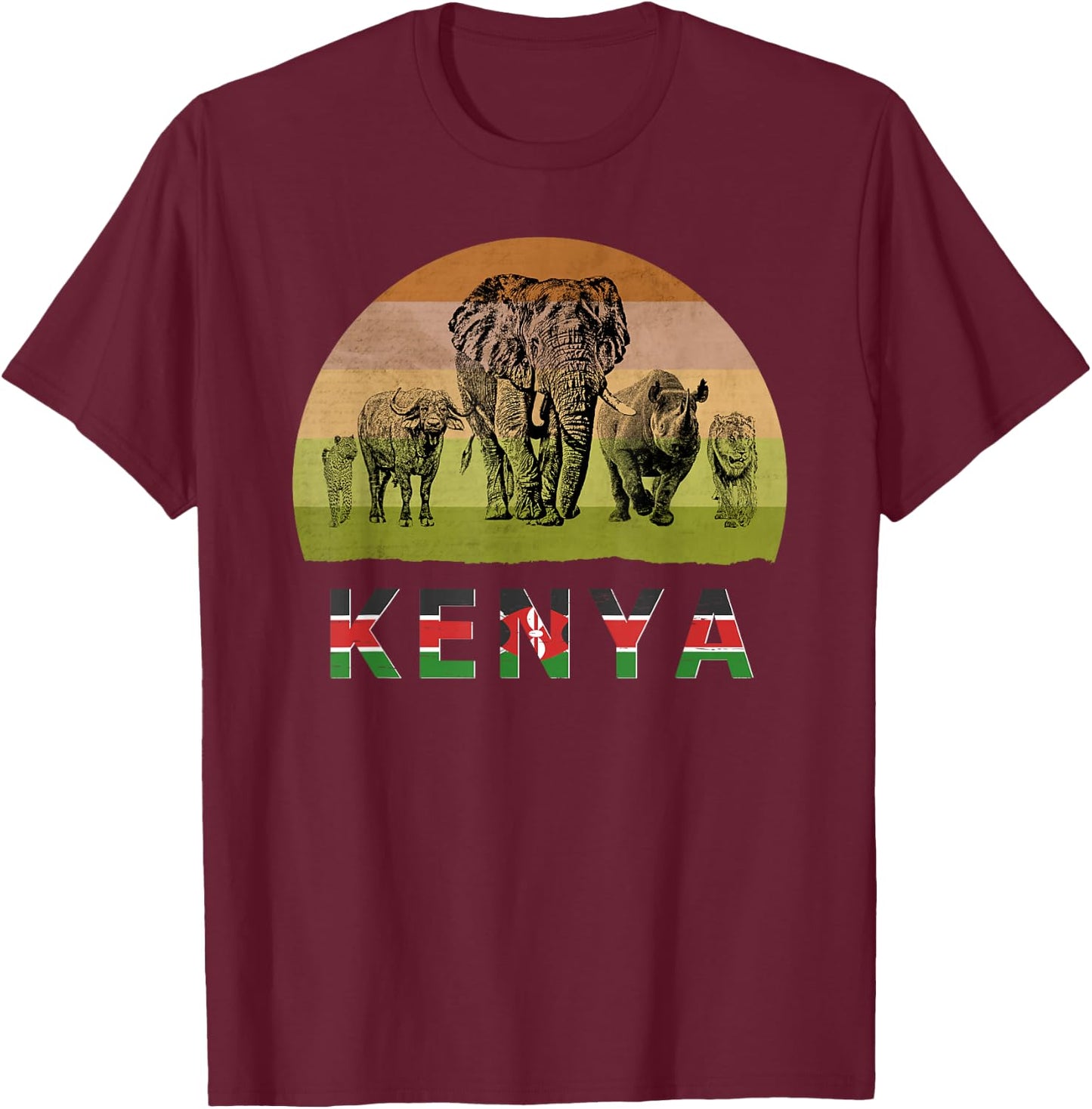 Big 5 Retro Sunset Design for Kenya Safari T-Shirt - T-Shirt | Maroon