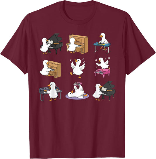 Silly Goose Playing Piano Cute Piano Teacher Keyboard Player T-Shirt - T-Shirt | Maroon