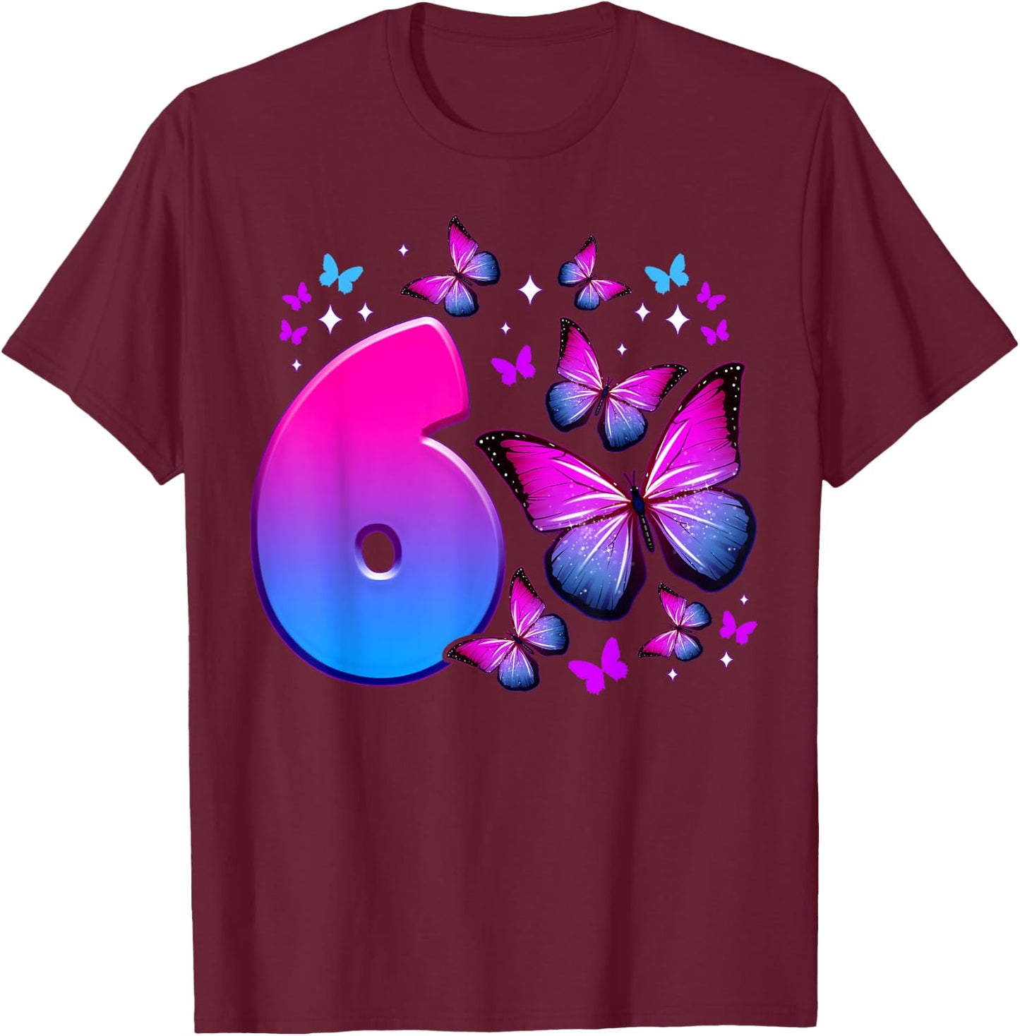Geburtstag Mädchen 6 Jahre alt, Schmetterling, Nummer 6 T-Shirt - T-Shirt | Maroon