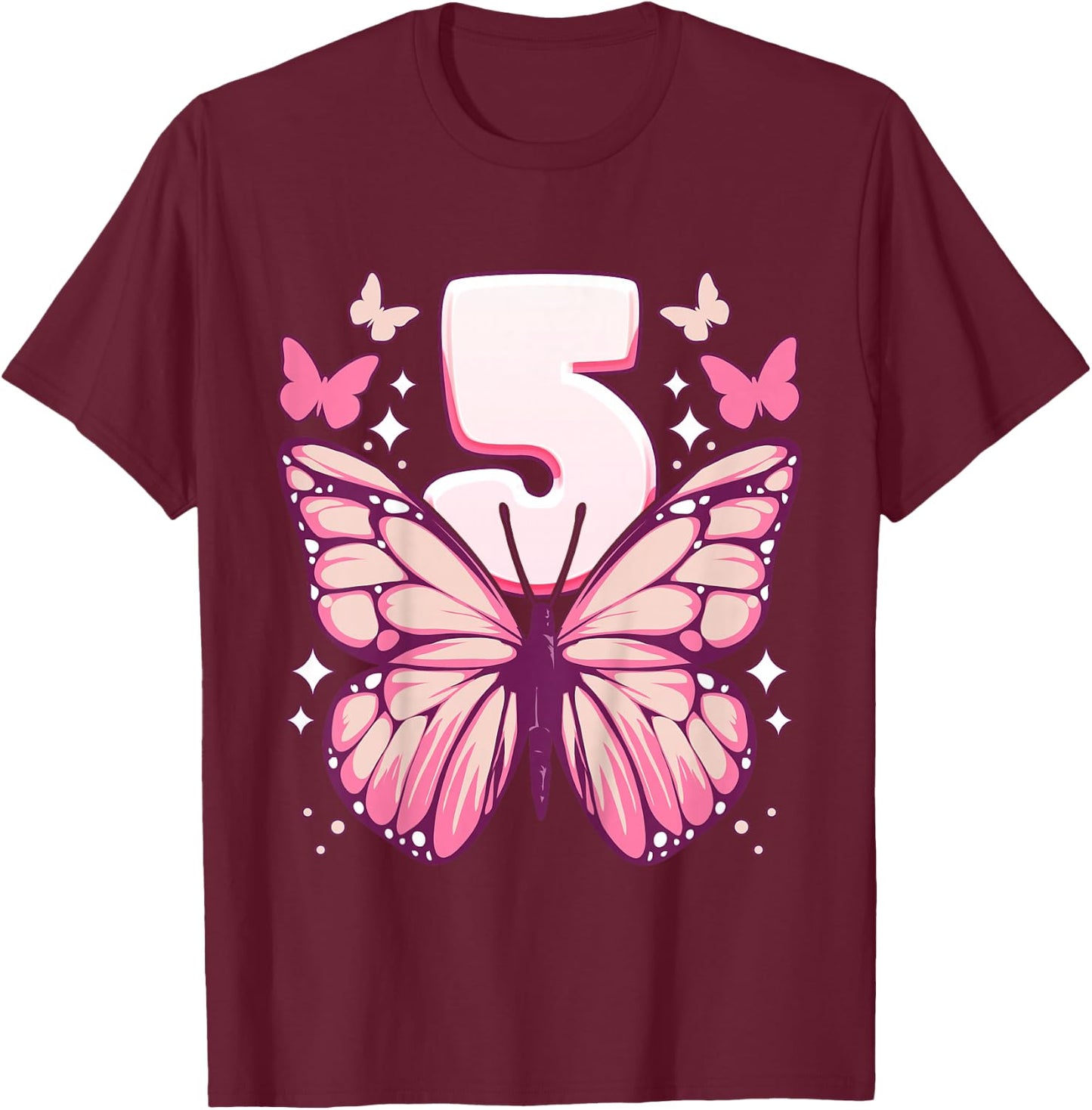 Geburtstag Mädchen 5 Jahre, Schmetterlinge und Nummer 5 T-Shirt - T-Shirt | Maroon