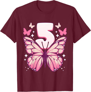 Geburtstag Mädchen 5 Jahre, Schmetterlinge und Nummer 5 T-Shirt - T-Shirt | Maroon