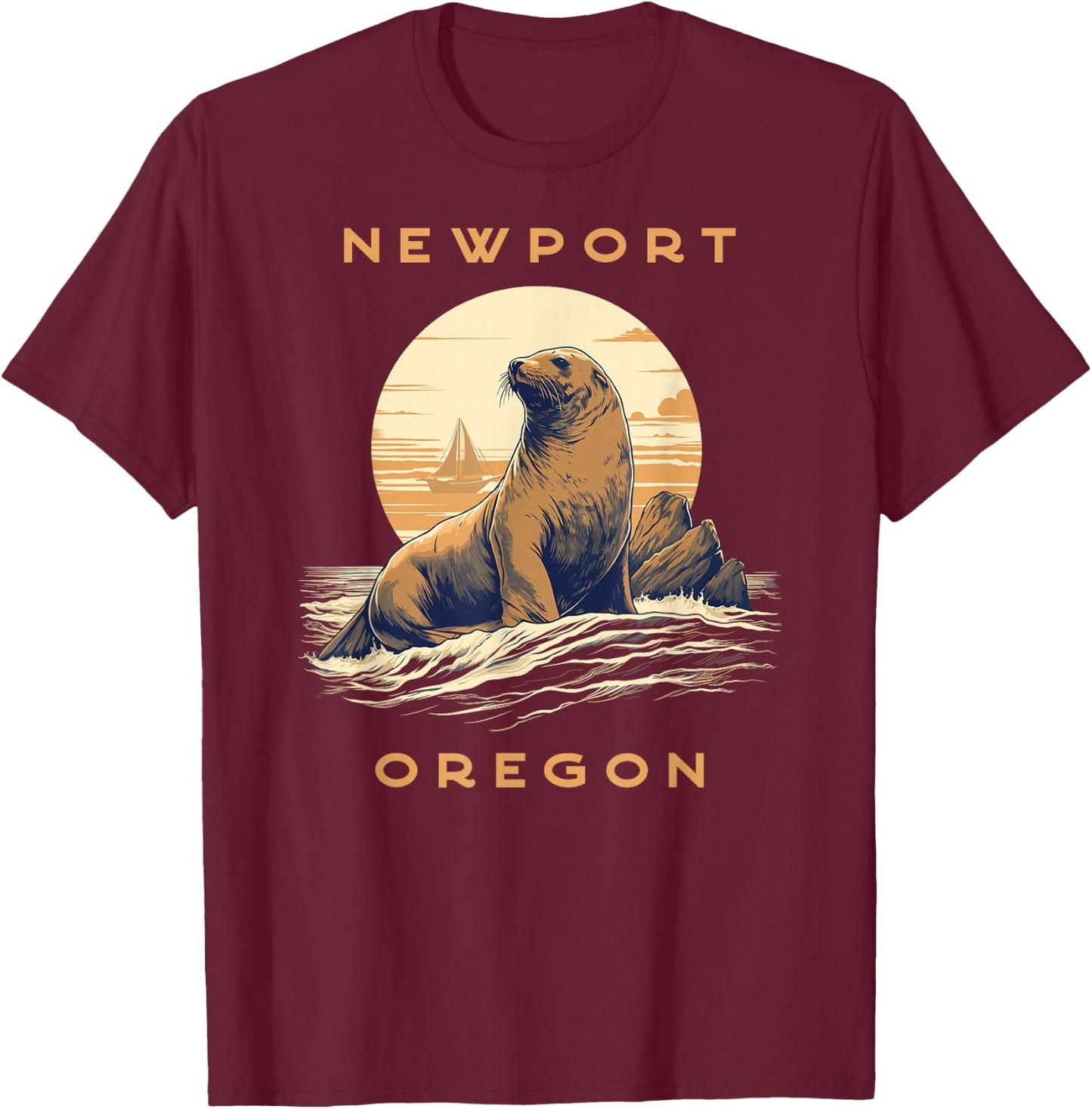 Newport Oregon Vintage Coastal Sea Lion T-Shirt - T-Shirt | Maroon