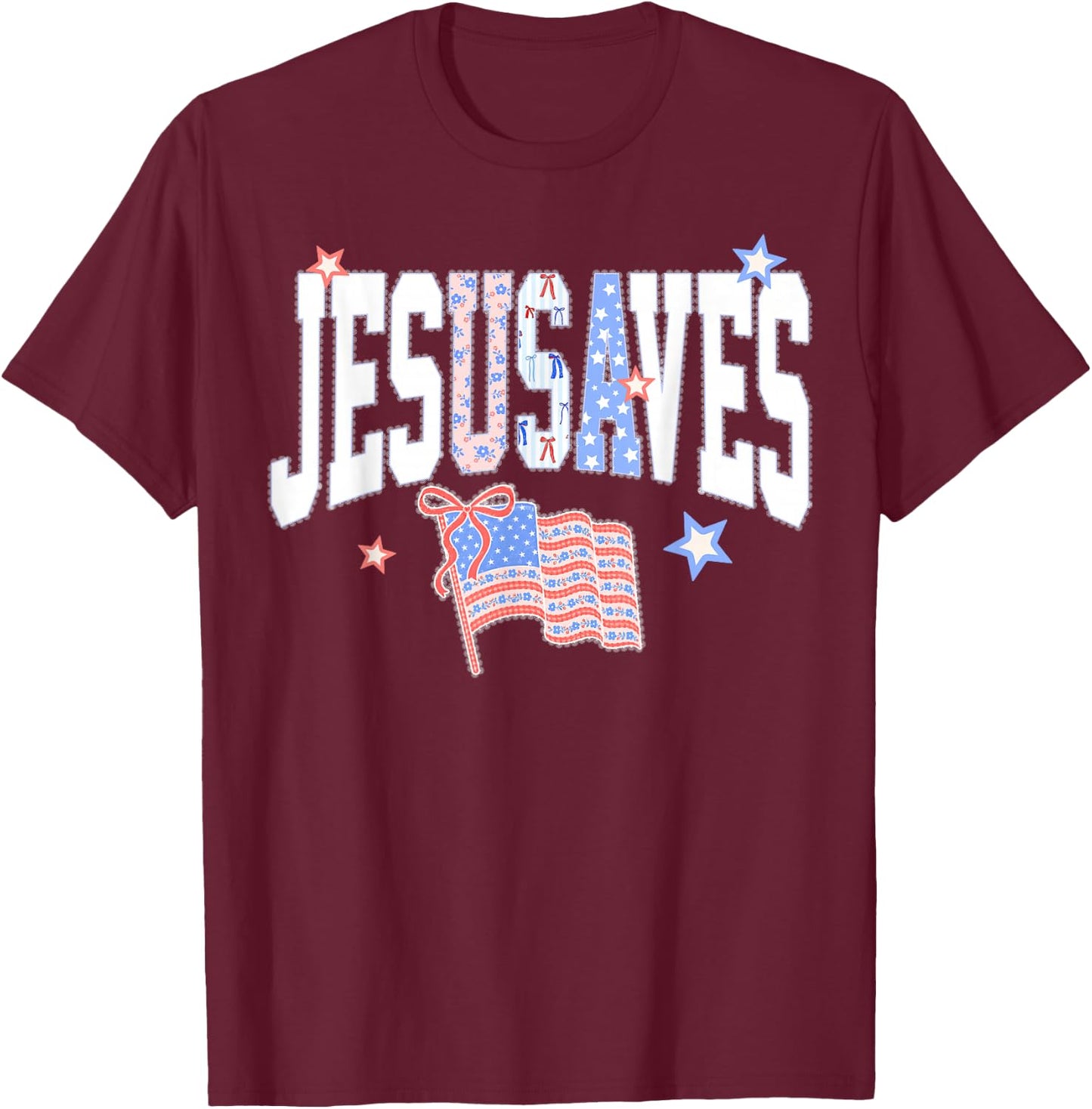 Jesus Saves JesUSAves USA American Flag Patriotic Christian T-Shirt - T-Shirt | Maroon