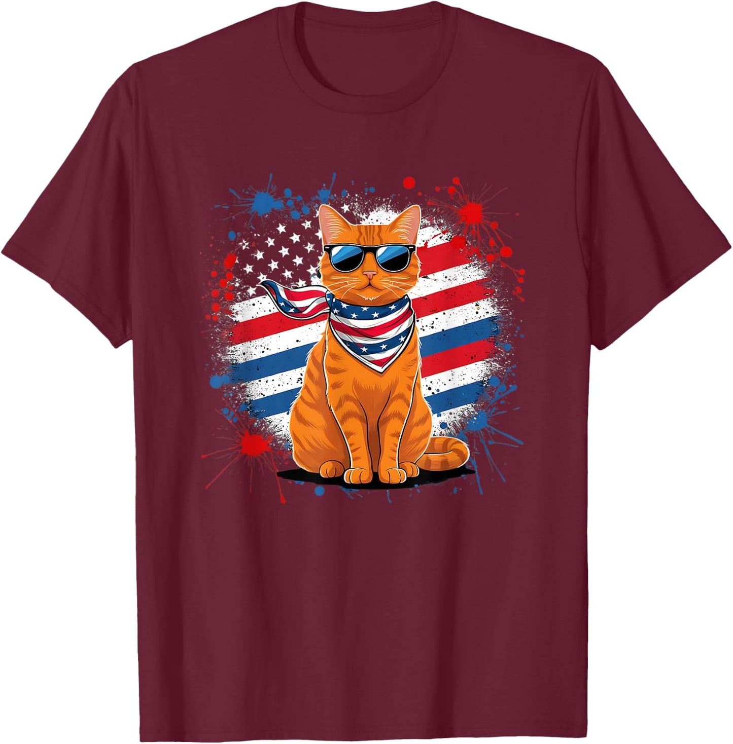 Funny Vintage Orange Tabby Cat Sunglasses Scarf USA Flag T-Shirt - T-Shirt | Maroon