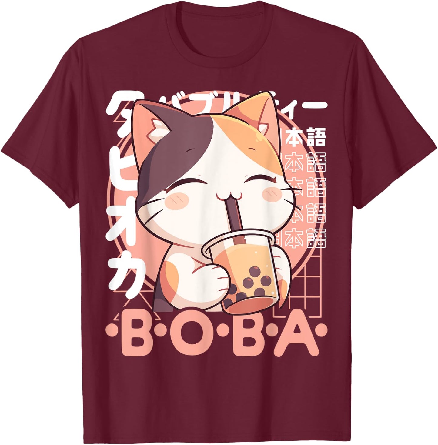 Cat Boba Tea Kawaii Bubble Tea Cat Anime Neko Calico Cat T-Shirt - T-Shirt | Maroon
