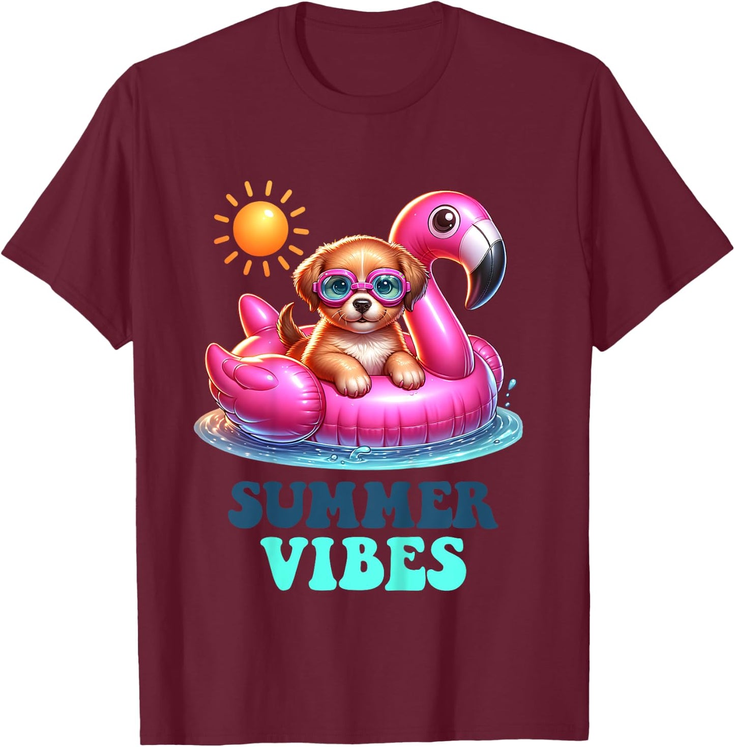 Kids Summer Vibes Beach Lover Cute Puppy Dog Pink Flamingo Girls T-Shirt - T-Shirt | Maroon