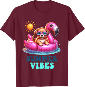 Kids Summer Vibes Beach Lover Cute Puppy Dog Pink Flamingo Girls T-Shirt - T-Shirt | Maroon