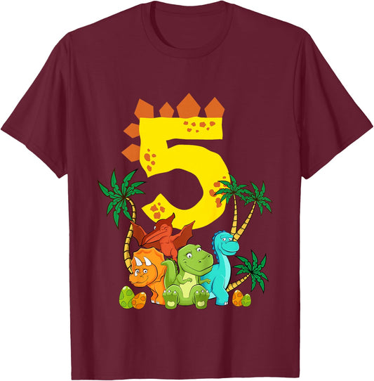 Children's 5th Birthday Boy Dinosaur Party Dino I Am 5 , black T-Shirt - T-Shirt | Maroon