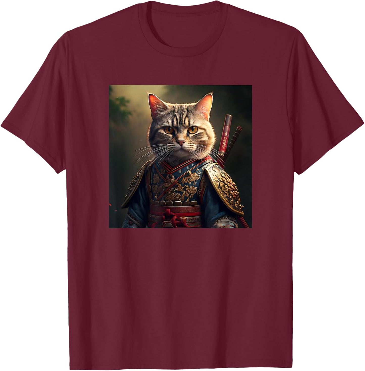 Kawaii Samurai Cat Portrait - Elegant Japanese Art Anime Cat Men Women T-Shirt - T-Shirt | Maroon