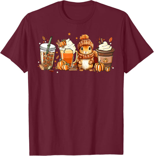 Cute Squirrel Pumpkin Spice Latte Fall Coffee Autumn T-Shirt - T-Shirt | Maroon