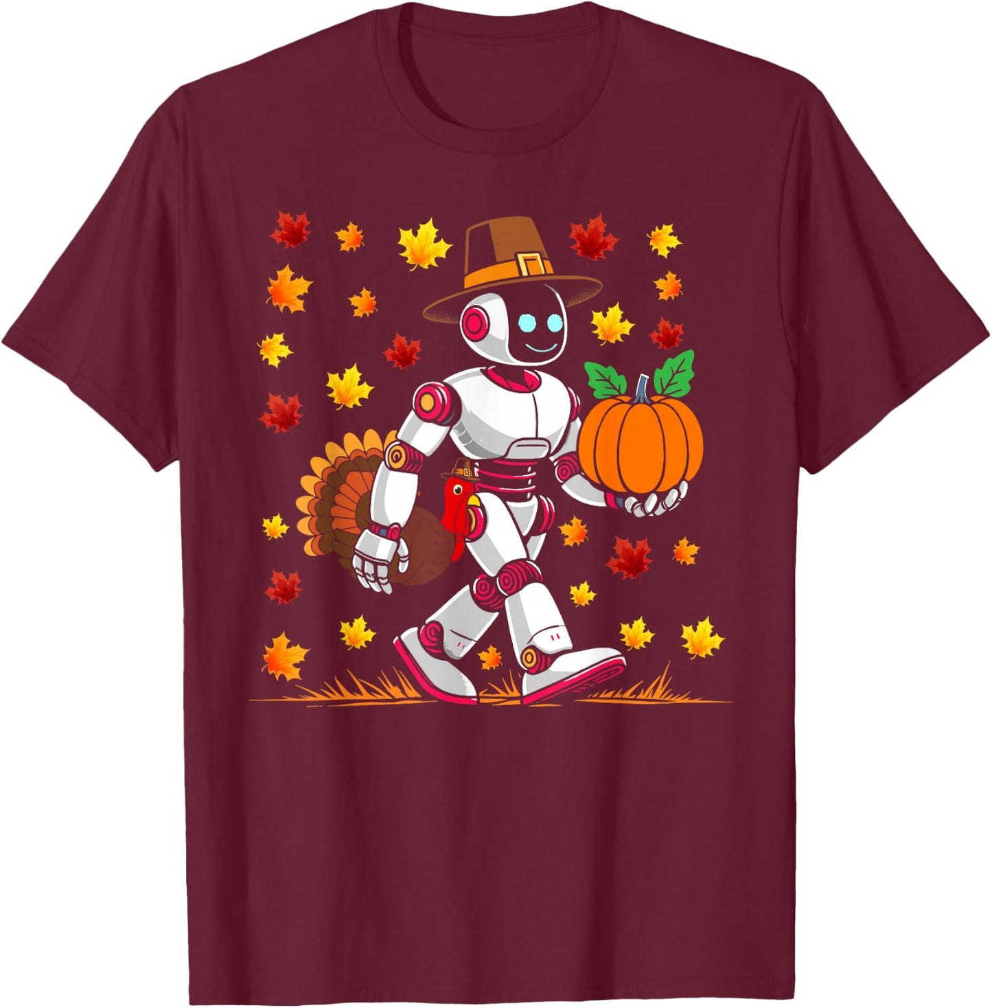 Robot thanksgiving Pilgrim Turkey Pumpkin fall autumn leaves T-Shirt - T-Shirt | Maroon