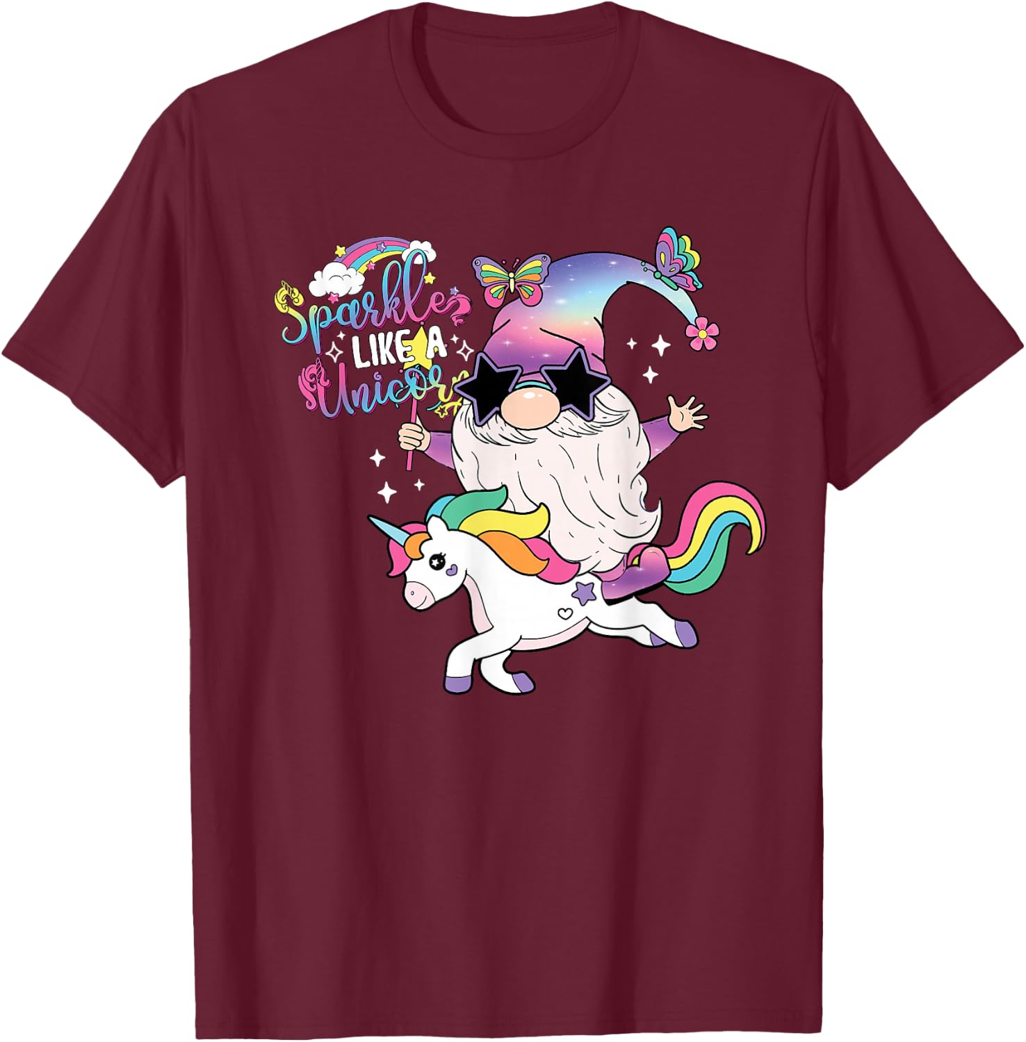 Unicorn Gnome Rainbow Mystical Fairy Fantasy Party T-Shirt - T-Shirt | Maroon