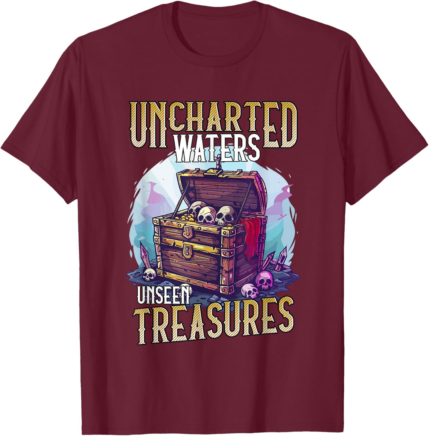 Skull and Crossbones Design Uncharted Waters , Black, S T-Shirt - T-Shirt | Maroon