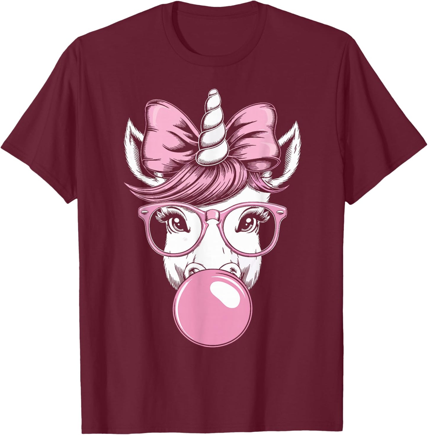 Unicorn Wearing Glasses and Blowing Pink Bubble Gum T-Shirt - T-Shirt | Maroon