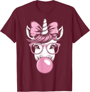 Unicorn Wearing Glasses and Blowing Pink Bubble Gum T-Shirt - T-Shirt | Maroon