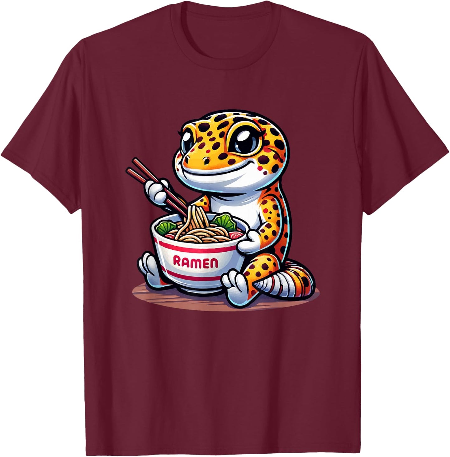 Kawaii Gecko Herpetology Cute Leopard Gecko Eating Ramen T-Shirt - T-Shirt | Maroon