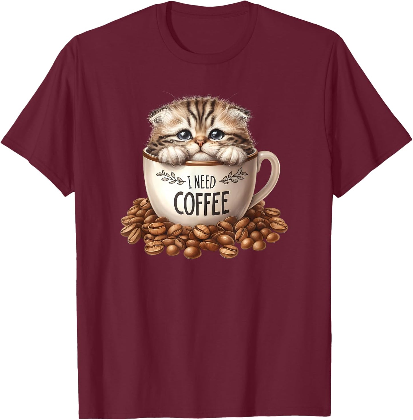 Cute Cat Sitting in Coffee Cup Kitten Lover Kitty T-Shirt - T-Shirt | Maroon