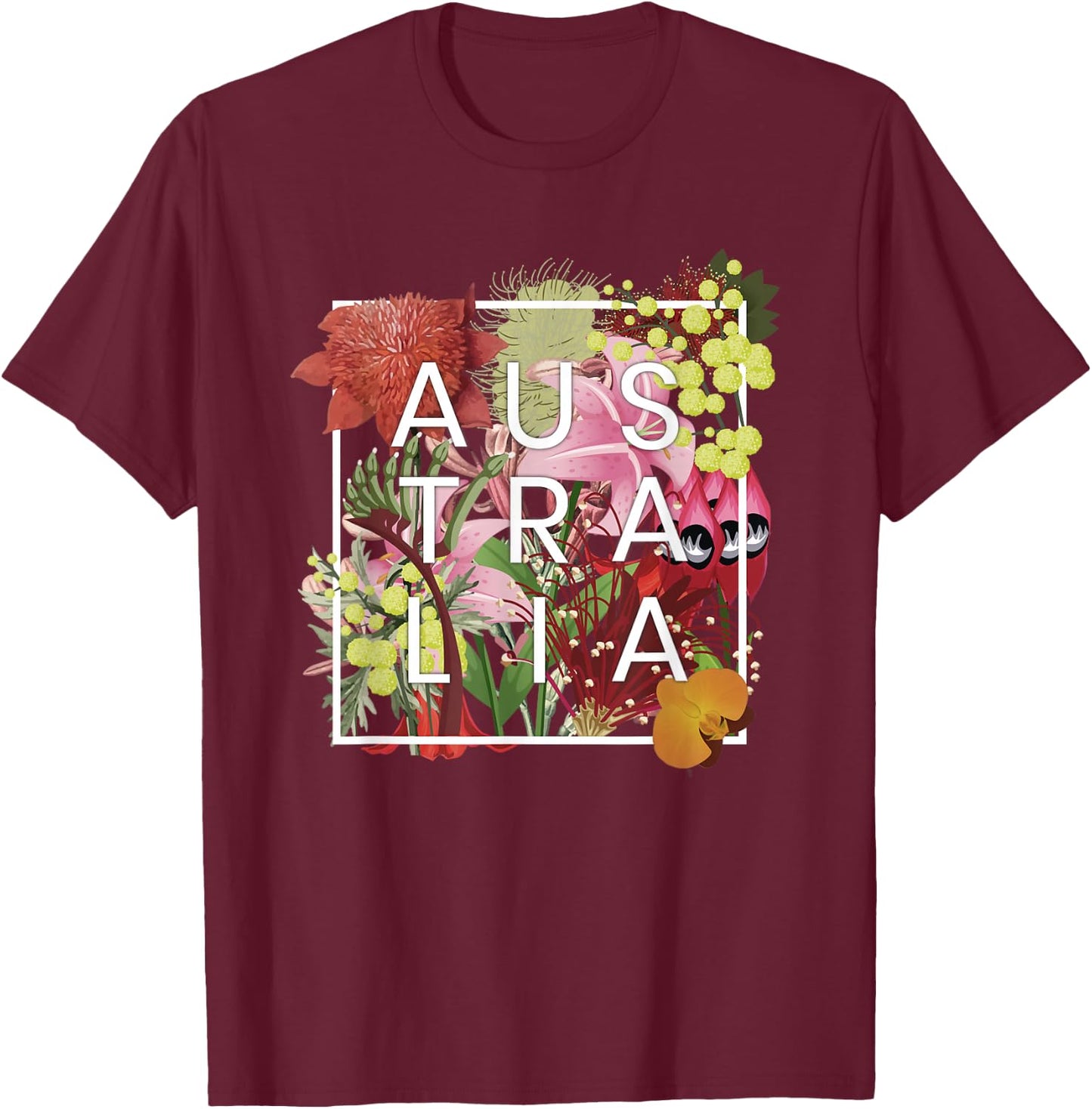 Flowers of Australia Word Art - Australian Pride T-Shirt - T-Shirt | Maroon