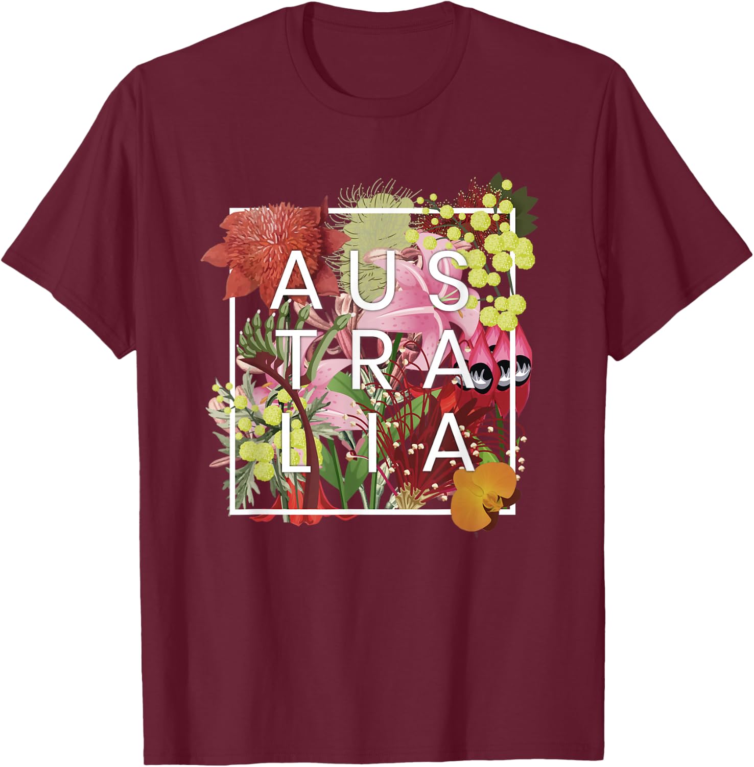 Flowers of Australia Word Art - Australian Pride T-Shirt - T-Shirt | Maroon