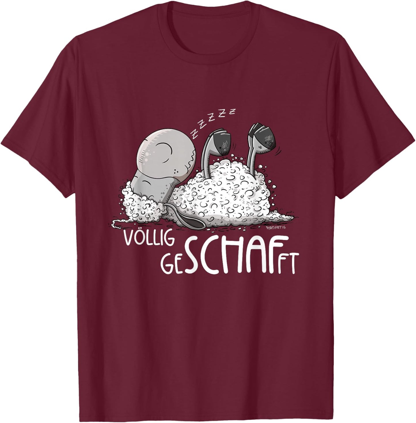 MODARTIS Völlig Geschafft Schäfchen Schlafendes Schaf Sleep , Adult, Cartoon, Black, S, Short Sleeve T-Shirt - T-Shirt | Maroon