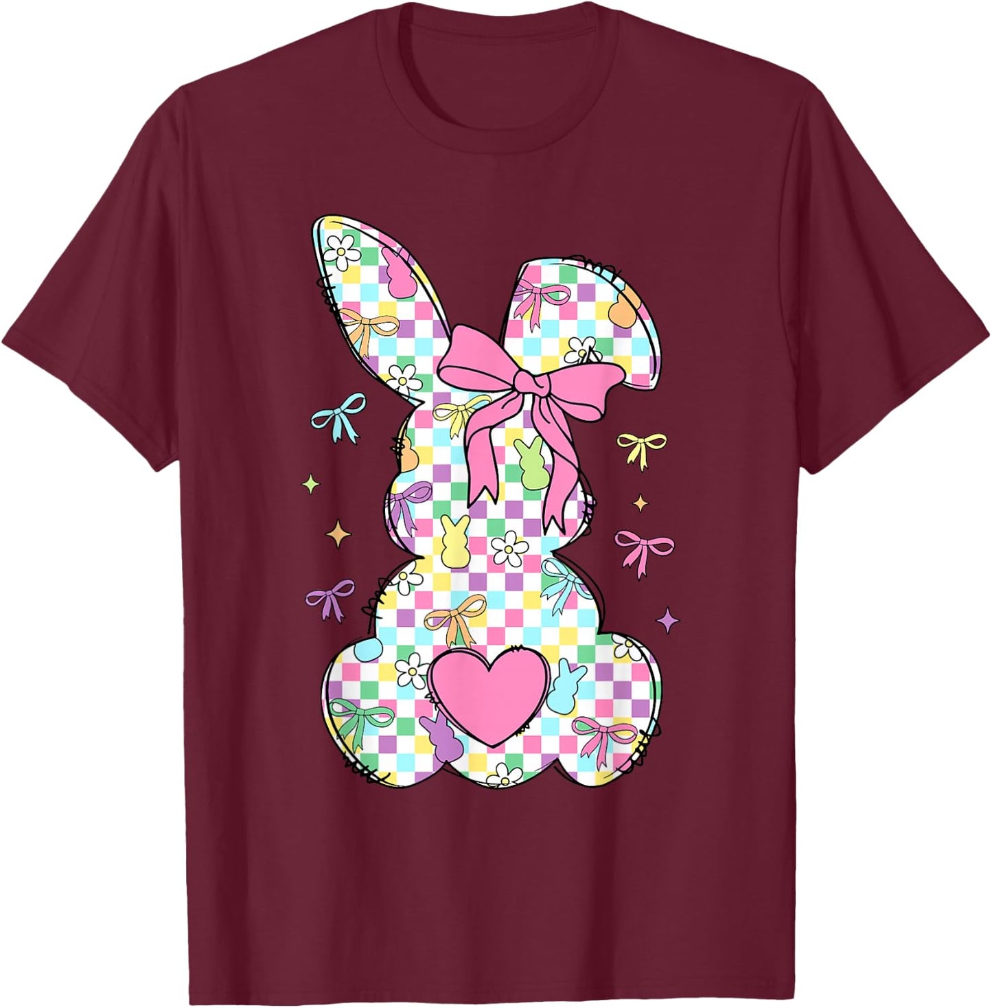 Happy Easter Day Bunny Rabbit With Cute Bow Coquette Kids T-Shirt - T-Shirt | Maroon