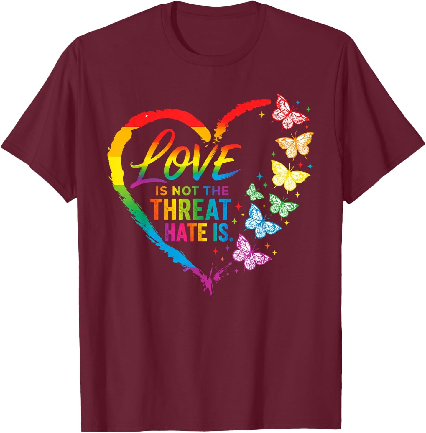 Love is Not The Threat Hate is Rainbow LGBTQ Pride T-Shirt - T-Shirt | Maroon