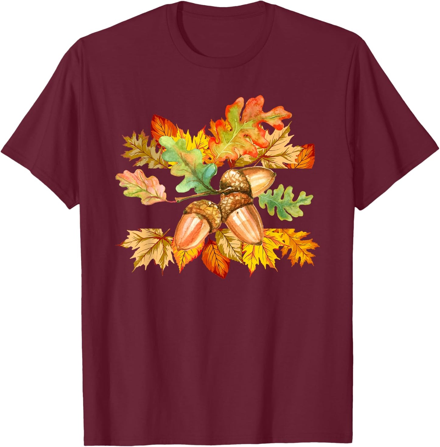 Autumn Leaves and Acorns Fall Season Thanksgiving T-Shirt - T-Shirt | Maroon